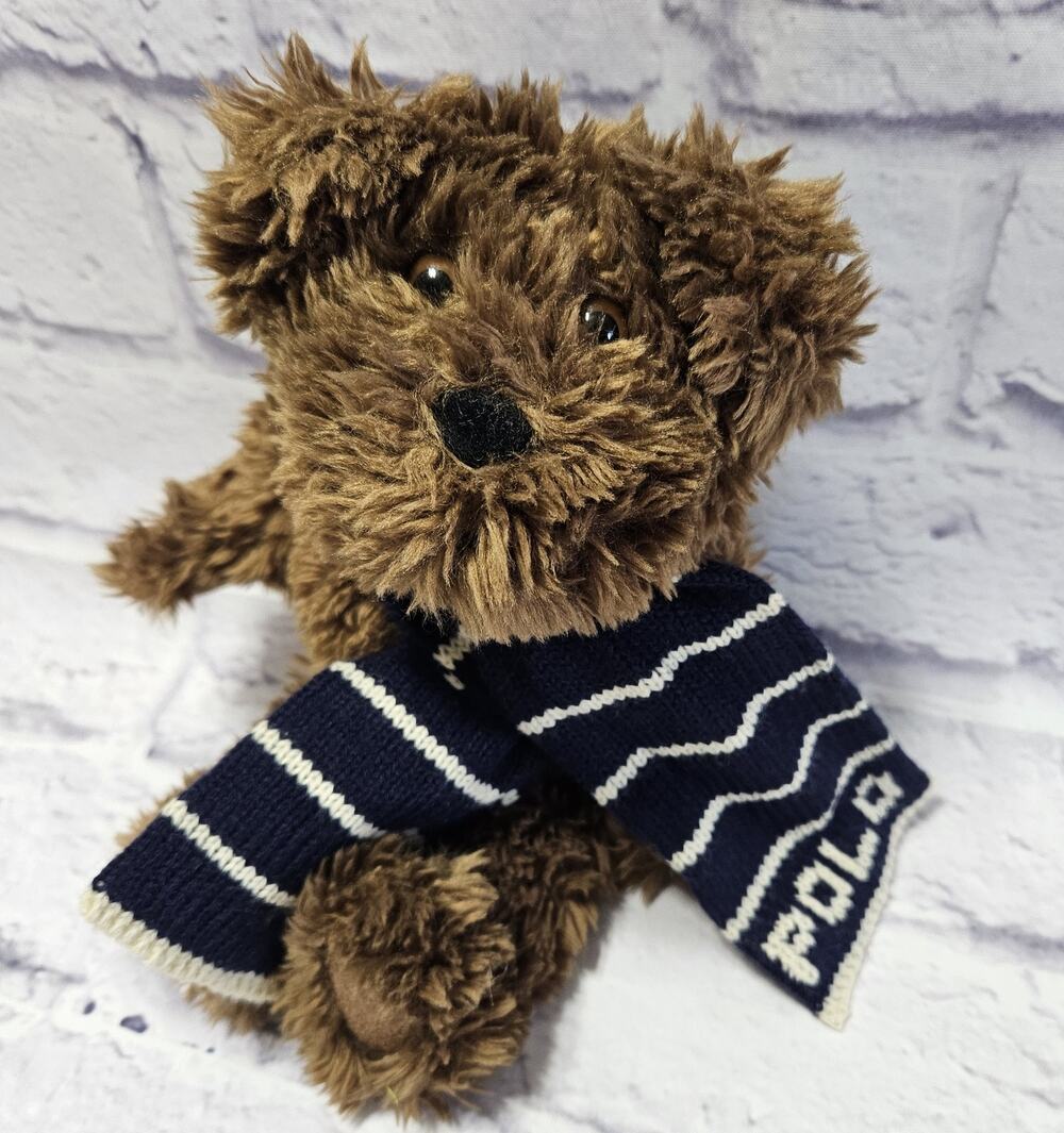Vintage 2003 Ralph Lauren Polo Bear Plush Teddy 10" Brown Blue Knit Scarf RARE